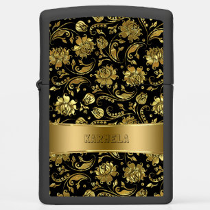 Gold & Black Floral Damasks Monogram Zippo Lighter
