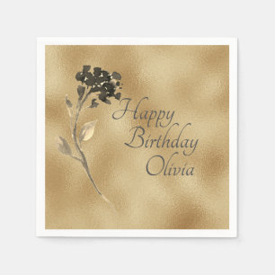 Gold Black Floral Elegant Watercolor Name Birthday Napkins
