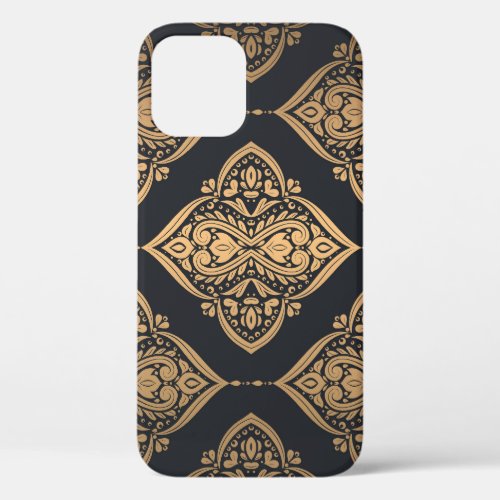 Gold Black Floral Ethnic Seamless iPhone 12 Case