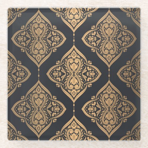 Gold Black Floral Ethnic Seamless Glass Coaster