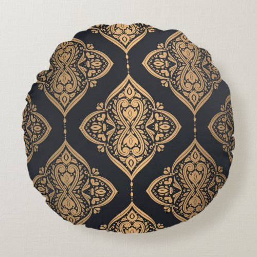 Gold Black Floral Ethnic Seamless Round Pillow