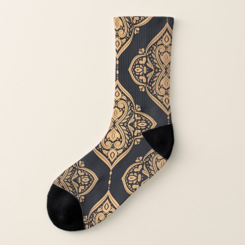 Gold Black Floral Ethnic Seamless Socks