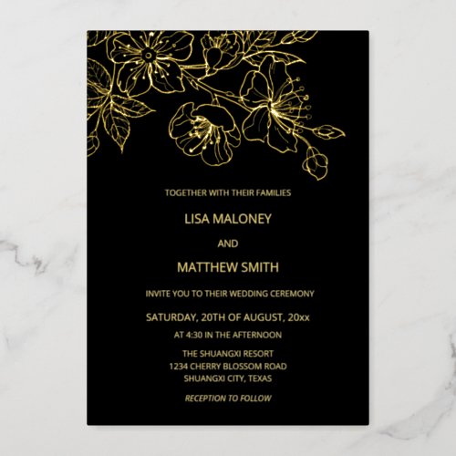 Gold Black Floral  Foil Invitation