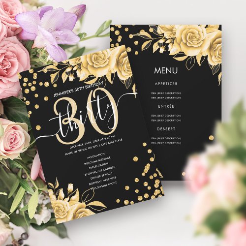 Gold Black Floral Glitter 30 Birthday Menu Program