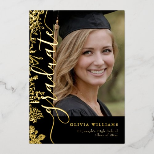 Gold Black Floral Graduate Photo Graduation Foil Invitation