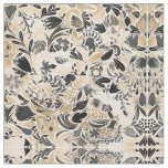 Gold Black Floral Leaves Illustration Pattern Fabric