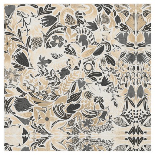 Gold Black Floral Leaves Illustration Pattern Fabric