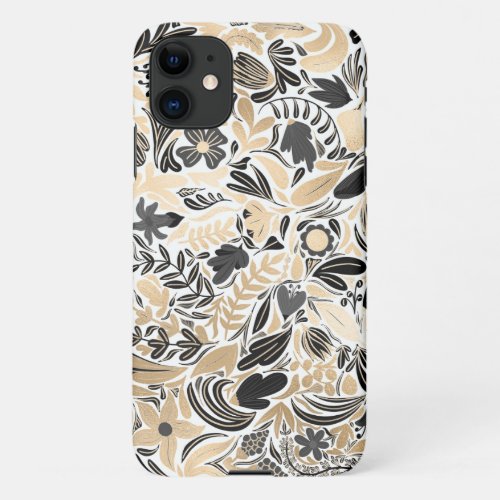 Gold Black Floral Leaves Illustration Pattern iPhone 11 Case