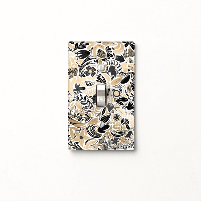 Gold Black Floral Leaves Illustration Pattern Light Switch Cover (In Situ)