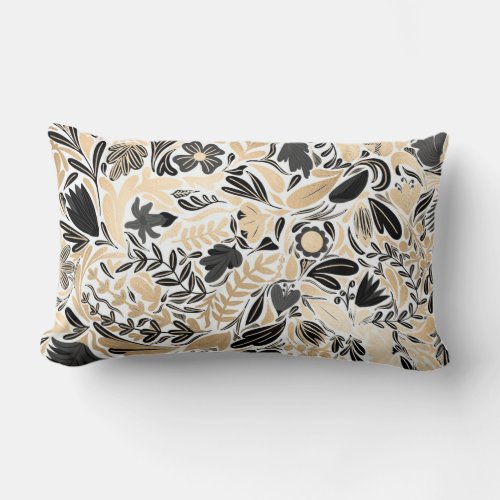 Gold Black Floral Leaves Illustration Pattern Lumbar Pillow