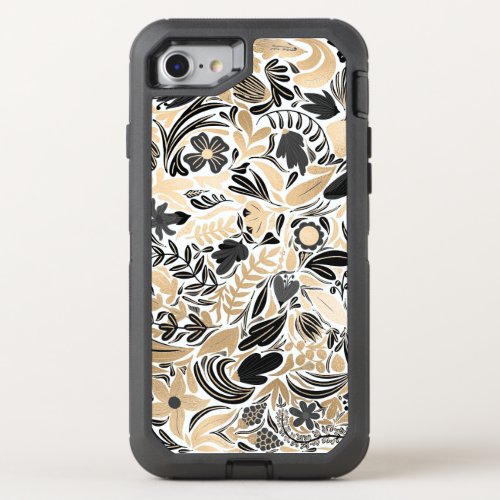 Gold Black Floral Leaves Illustration Pattern OtterBox Defender iPhone SE87 Case