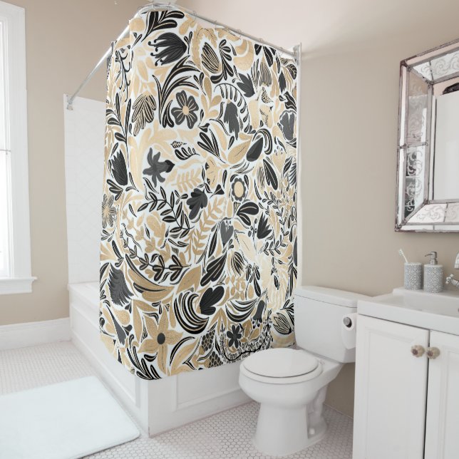 Gold Black Floral Leaves Illustration Pattern Shower Curtain (In Situ)