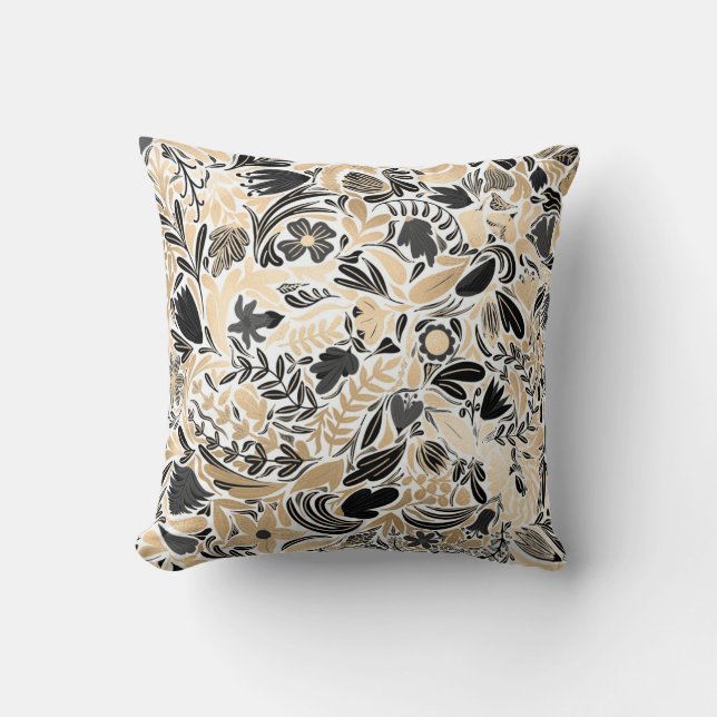 Gold Black Floral Leaves Illustration Pattern Throw Pillow (Front)