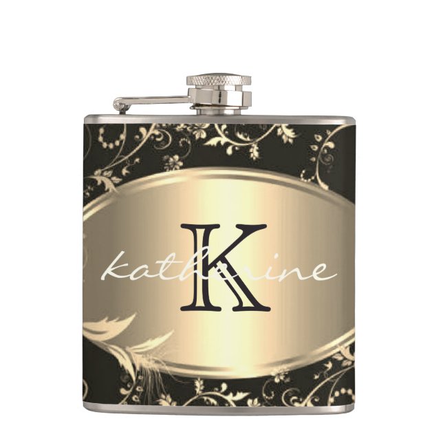 Gold Black Floral Monogram Name Personalized Hip Flask (Front)
