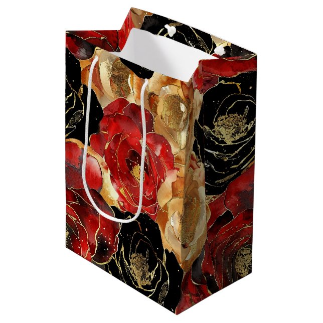 Gold Black Floral Party Bridal Shower  Medium Gift Bag (Front Angled)