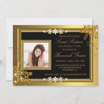 Gold & Black Floral Photo Sweet Sixteen Invite by ExclusiveZazzle at Zazzle
