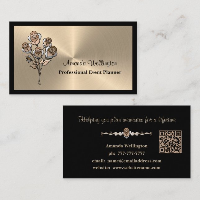 Gold & Black Floral QR Code Business Card (Front/Back)