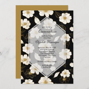 Gold Black Floral Quinceañera Birthday Invitations