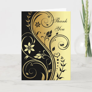 Gold & Black Floral Scroll Elegant Thank You Card