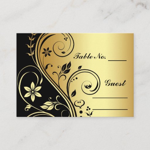 Customizable Gold &amp; Black Floral Scroll Table Number PlaceCard Business Card Template