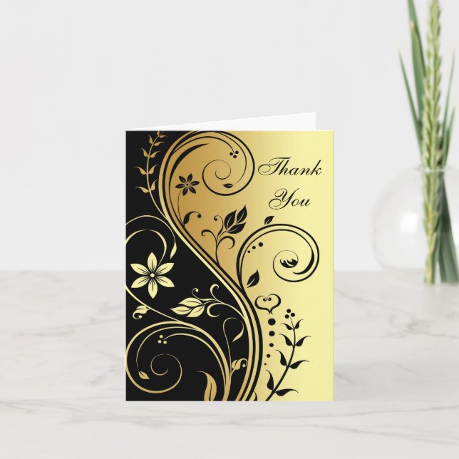 Gold & Black Floral Scroll Thank You Greeting Card (Front)