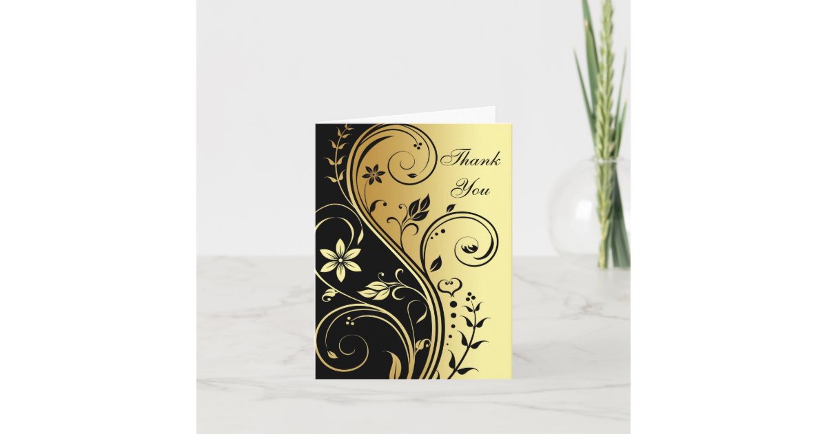 Gold & Black Floral Scroll Thank You Greeting Card | Zazzle