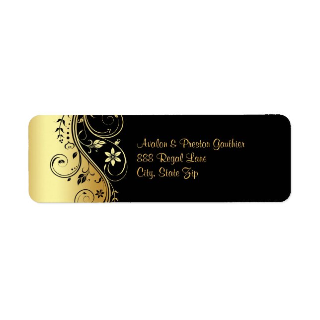 Gold & Black Floral Scroll Wedding Address Label (Front)