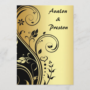 Gold & Black Floral Scroll  Wedding Invitation