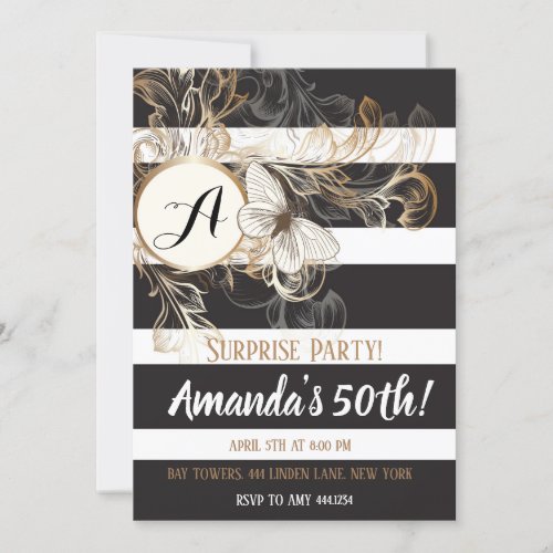 Gold Black Floral Stripe 50th Birthday Party Invitation