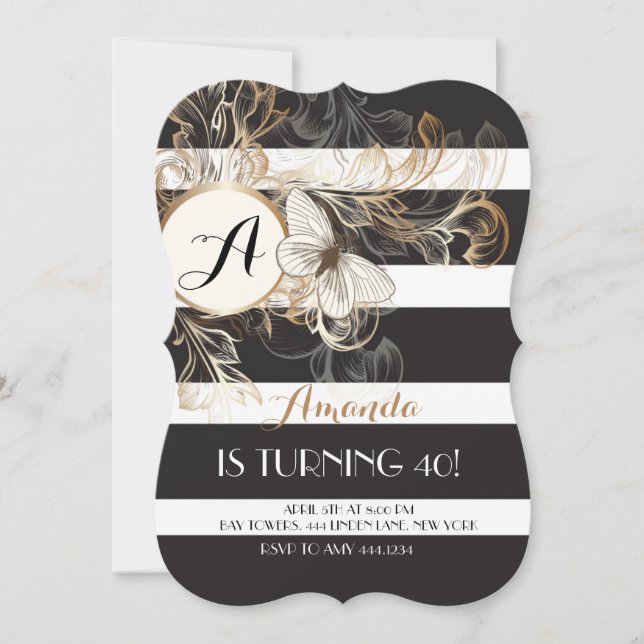 Gold Black Floral Stripe Birthday Party Invitation (Front)