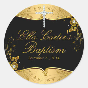 Gold Black Floral Swirl & Cross Baptism Sticker
