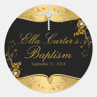 Gold Black Floral Swirl & Cross Baptism Sticker