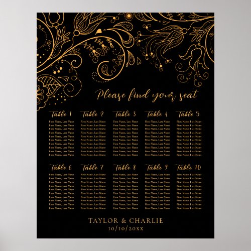 Gold Black Floral Wedding 10 Tables Seating Chart