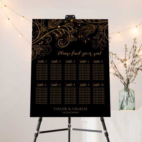Gold Black Floral Wedding 10 Tables Seating Chart Foam Board
