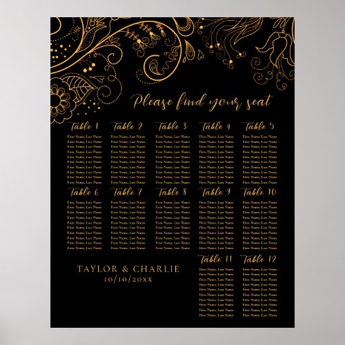 Gold Black Floral Wedding 12 Tables Seating Chart
