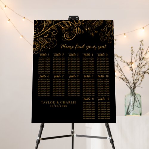 Gold Black Floral Wedding 12 Tables Seating Chart Foam Board