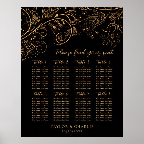 Gold Black Floral Wedding 8 Tables Seating Chart