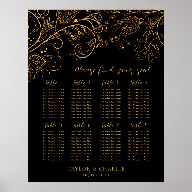 Gold Black Floral Wedding 8 Tables Seating Chart (Front)