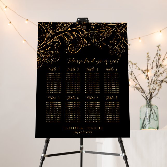 Gold Black Floral Wedding 8 Tables Seating Chart Foam Board (In Situ (Stand))