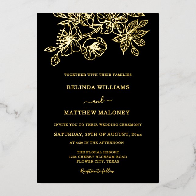 Gold Black Floral Wedding Foil Invitation (Front)