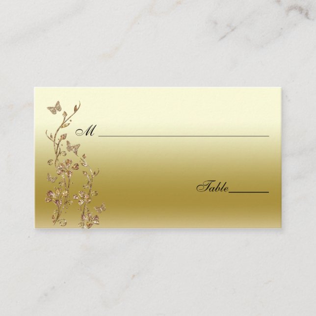 Gold, Black Floral with Butterflies Place Cards (Front)