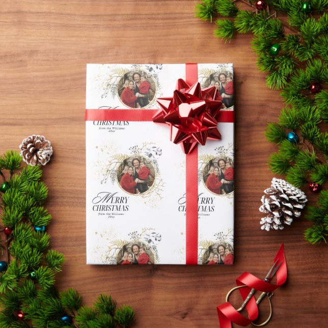 Gold & Black Floral Wreath Photo Christmas Wrapping Paper (Holiday Gift)