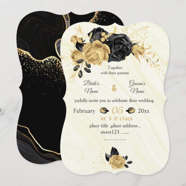 gold & black flowers botanical wedding invitation (Front/Back)