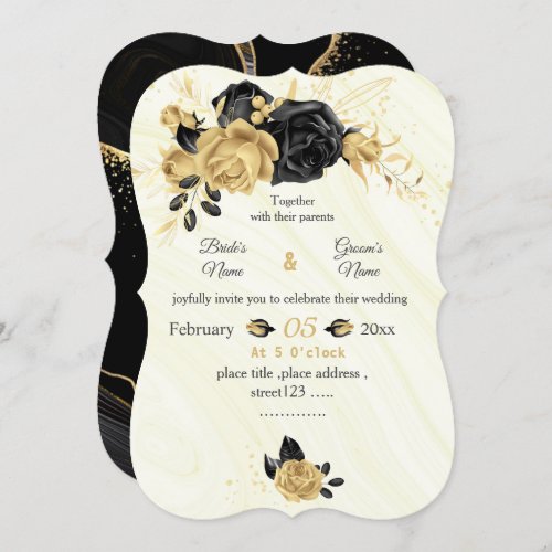 gold  black flowers botanical wedding invitation