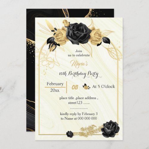 gold  black flowers geometric birthday  invitation