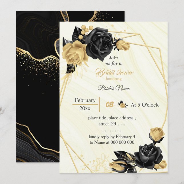 gold & black flowers geometric bridal shower invitation (Front/Back)
