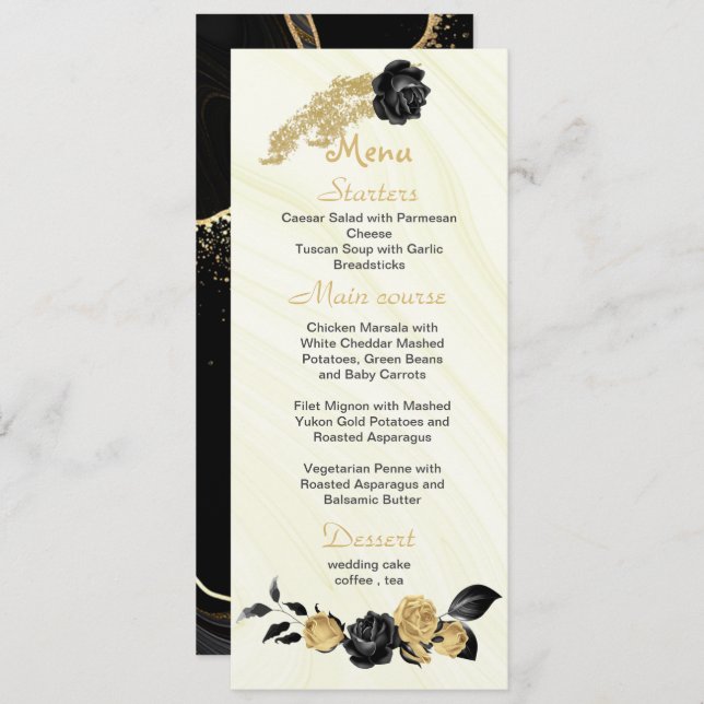 gold & black flowers wedding menu (Front/Back)