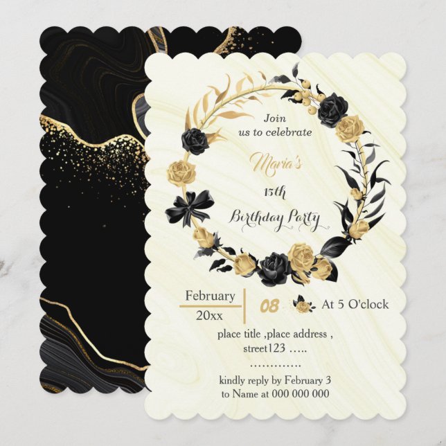 gold & black flowers wreath birthday  invitation (Front/Back)