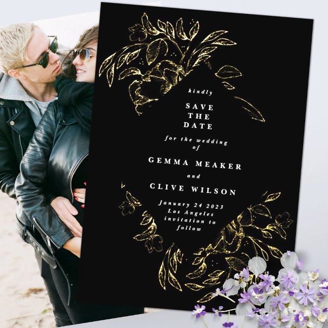 Gold Black Foil Botanical Photo Save The Date Foil Invitation (Creator Uploaded)