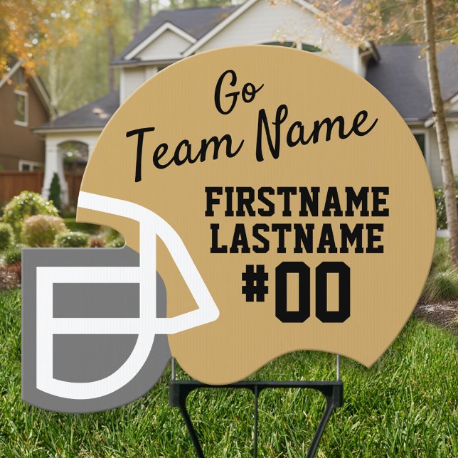 Gold Black Football Mascot Name Number Helmet Sign (Custom Football Helmet Yard Sign - Victory Celebration Party Decor)